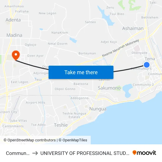 Community 4 to UNIVERSITY OF PROFESSIONAL STUDIES (UPSA) map