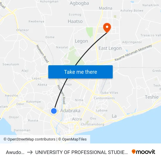 Awudome to UNIVERSITY OF PROFESSIONAL STUDIES (UPSA) map