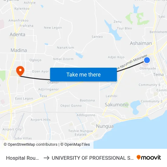 Hospital Roundabout to UNIVERSITY OF PROFESSIONAL STUDIES (UPSA) map