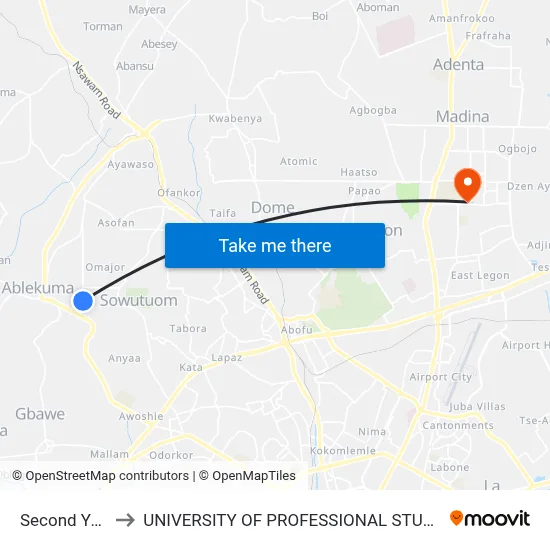 Second Yellow to UNIVERSITY OF PROFESSIONAL STUDIES (UPSA) map