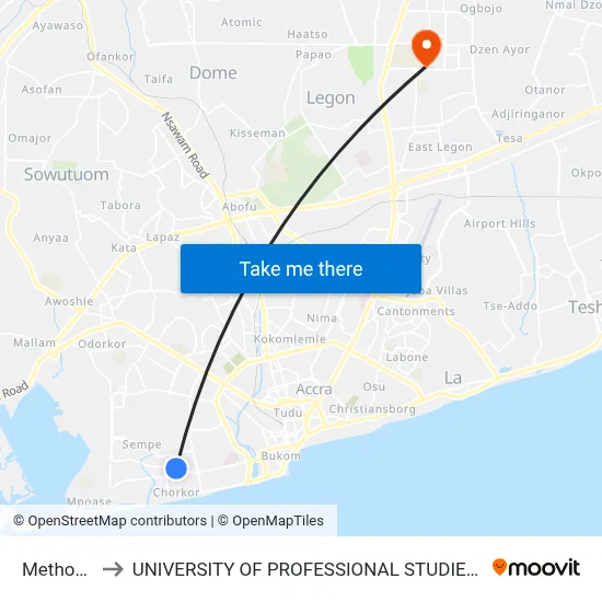 Methodist to UNIVERSITY OF PROFESSIONAL STUDIES (UPSA) map