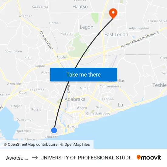 Awotsɛ Kojo to UNIVERSITY OF PROFESSIONAL STUDIES (UPSA) map