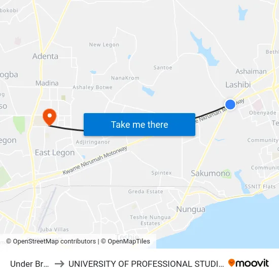 Under Bridge to UNIVERSITY OF PROFESSIONAL STUDIES (UPSA) map