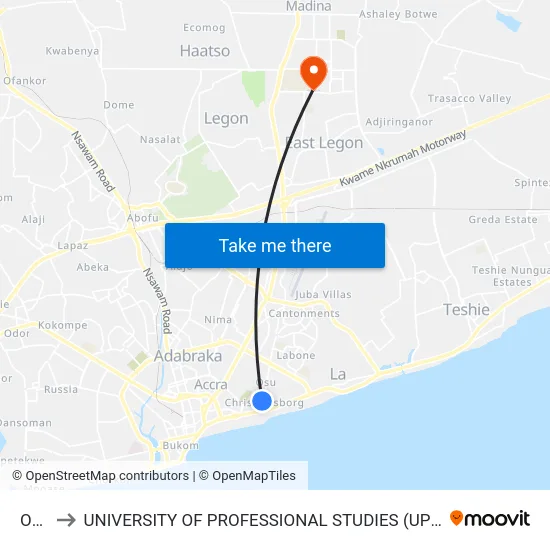Osu to UNIVERSITY OF PROFESSIONAL STUDIES (UPSA) map