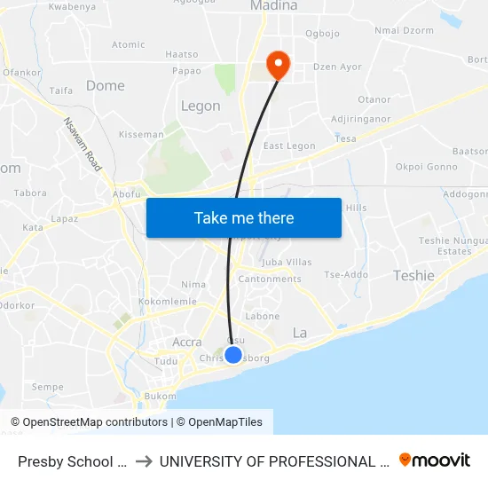 Presby School Junction to UNIVERSITY OF PROFESSIONAL STUDIES (UPSA) map