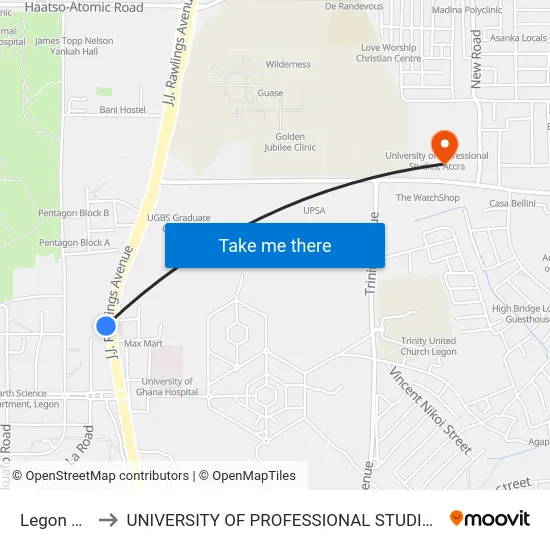 Legon First to UNIVERSITY OF PROFESSIONAL STUDIES (UPSA) map