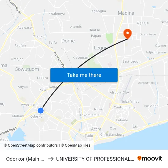 Odorkor (Main Bus Stop) to UNIVERSITY OF PROFESSIONAL STUDIES (UPSA) map