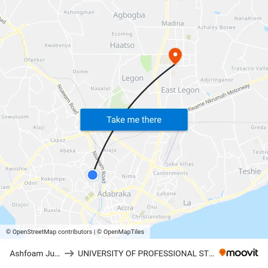 Ashfoam Junction to UNIVERSITY OF PROFESSIONAL STUDIES (UPSA) map