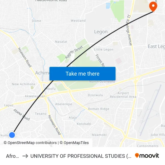 Afropa to UNIVERSITY OF PROFESSIONAL STUDIES (UPSA) map