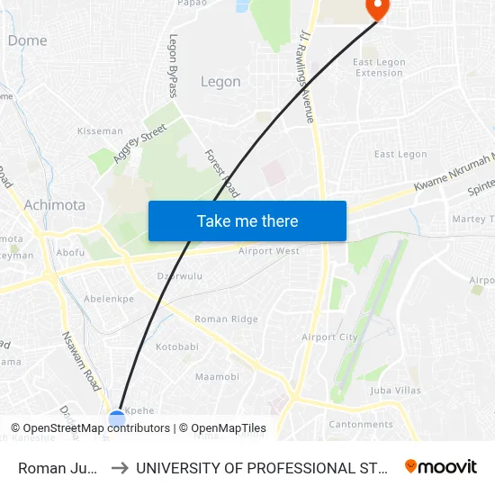 Roman Junction to UNIVERSITY OF PROFESSIONAL STUDIES (UPSA) map