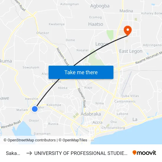 Sakaman to UNIVERSITY OF PROFESSIONAL STUDIES (UPSA) map