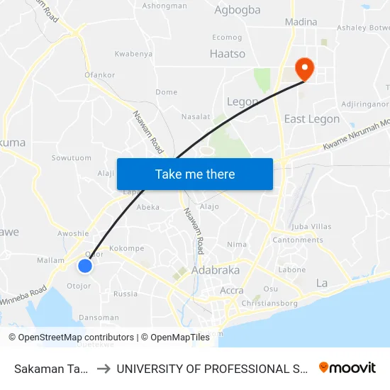 Sakaman Taxi Rank to UNIVERSITY OF PROFESSIONAL STUDIES (UPSA) map