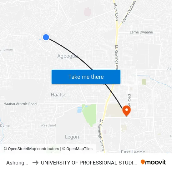 Ashongman to UNIVERSITY OF PROFESSIONAL STUDIES (UPSA) map