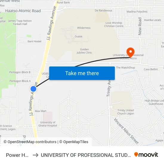 Power House to UNIVERSITY OF PROFESSIONAL STUDIES (UPSA) map