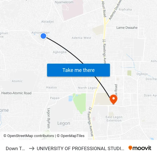 Down Town to UNIVERSITY OF PROFESSIONAL STUDIES (UPSA) map