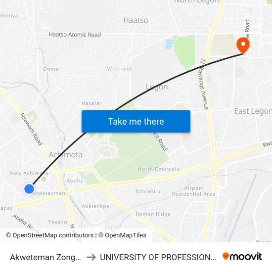 Akweteman Zongo (Last Stop) to UNIVERSITY OF PROFESSIONAL STUDIES (UPSA) map