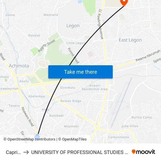 Caprice to UNIVERSITY OF PROFESSIONAL STUDIES (UPSA) map