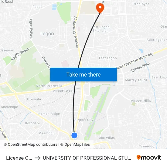 License Office to UNIVERSITY OF PROFESSIONAL STUDIES (UPSA) map