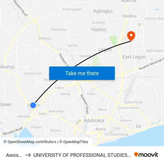 Awoshie to UNIVERSITY OF PROFESSIONAL STUDIES (UPSA) map