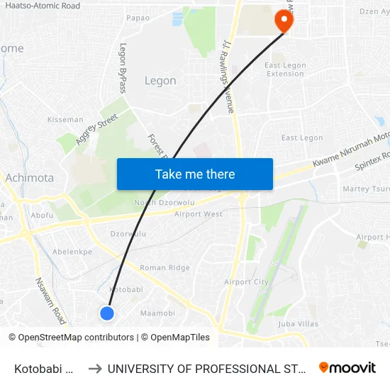 Kotobabi Market to UNIVERSITY OF PROFESSIONAL STUDIES (UPSA) map