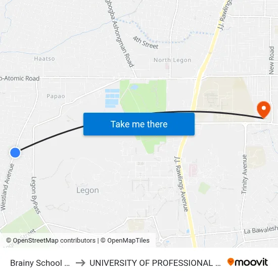 Brainy School Junction to UNIVERSITY OF PROFESSIONAL STUDIES (UPSA) map