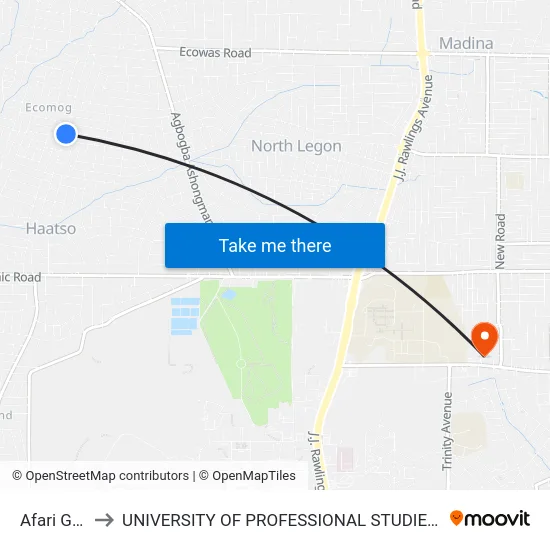 Afari Gyan to UNIVERSITY OF PROFESSIONAL STUDIES (UPSA) map