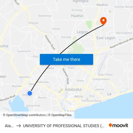 Alaba to UNIVERSITY OF PROFESSIONAL STUDIES (UPSA) map