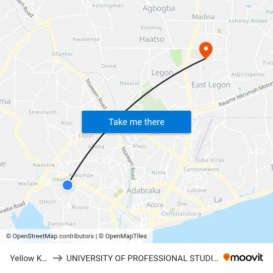 Yellow Kiosk to UNIVERSITY OF PROFESSIONAL STUDIES (UPSA) map