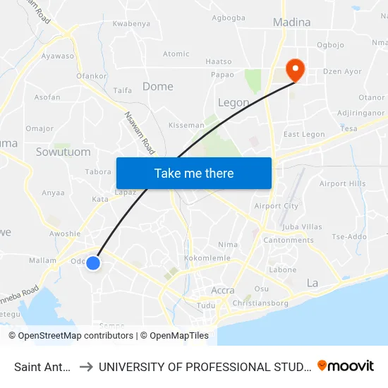 Saint Anthony to UNIVERSITY OF PROFESSIONAL STUDIES (UPSA) map