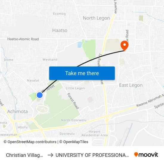 Christian Village Jucntion to UNIVERSITY OF PROFESSIONAL STUDIES (UPSA) map