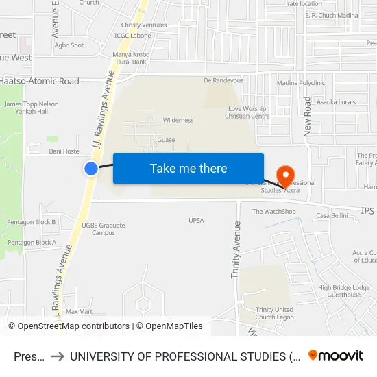 Presec to UNIVERSITY OF PROFESSIONAL STUDIES (UPSA) map