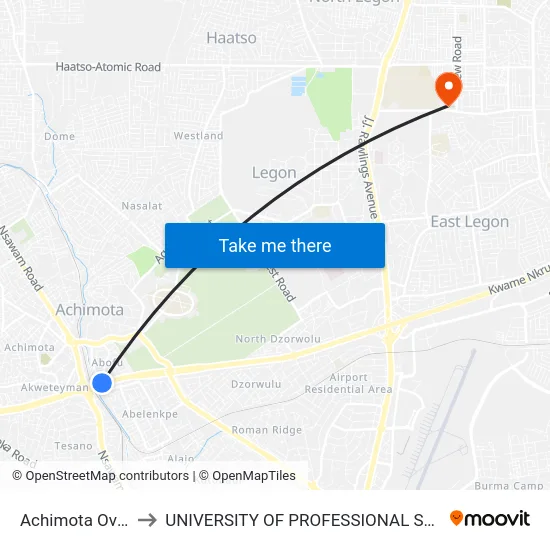 Achimota Overhead to UNIVERSITY OF PROFESSIONAL STUDIES (UPSA) map