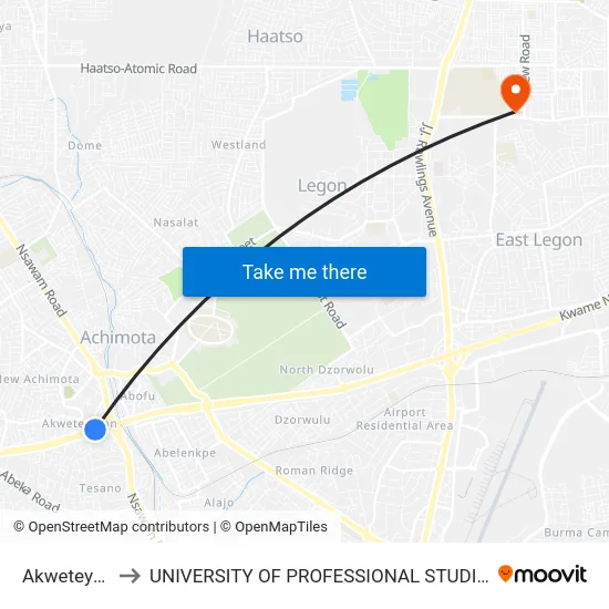 Akweteyman to UNIVERSITY OF PROFESSIONAL STUDIES (UPSA) map