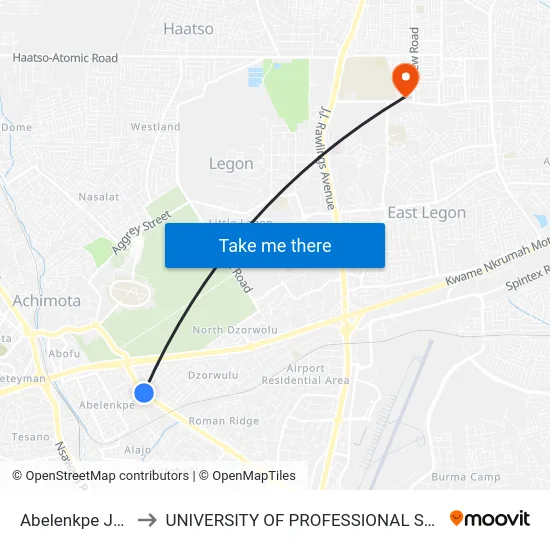 Abelenkpe Junction to UNIVERSITY OF PROFESSIONAL STUDIES (UPSA) map