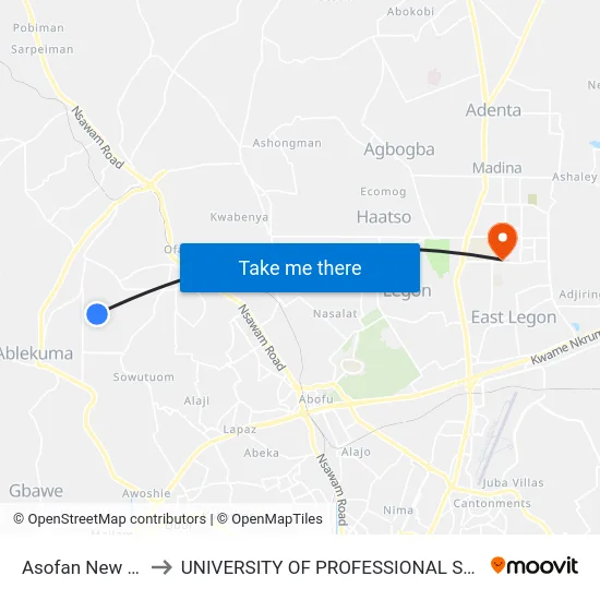 Asofan New Station to UNIVERSITY OF PROFESSIONAL STUDIES (UPSA) map