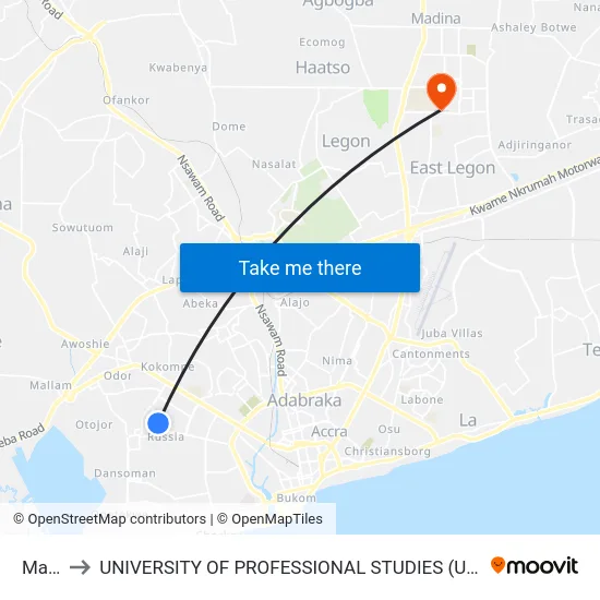Mars to UNIVERSITY OF PROFESSIONAL STUDIES (UPSA) map