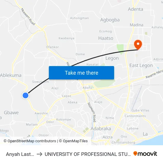 Anyah Last Stop to UNIVERSITY OF PROFESSIONAL STUDIES (UPSA) map