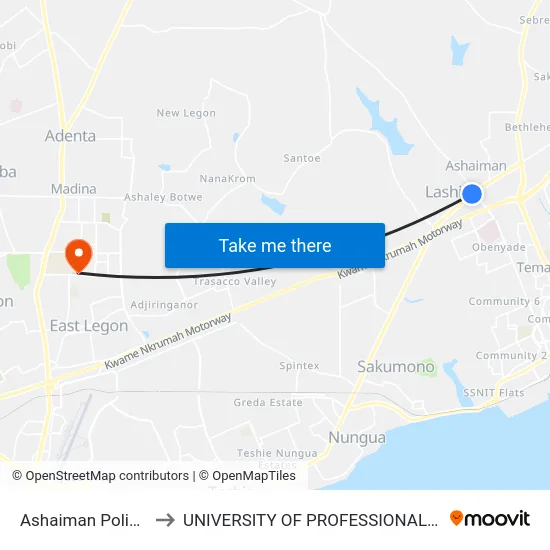 Ashaiman Police Station to UNIVERSITY OF PROFESSIONAL STUDIES (UPSA) map