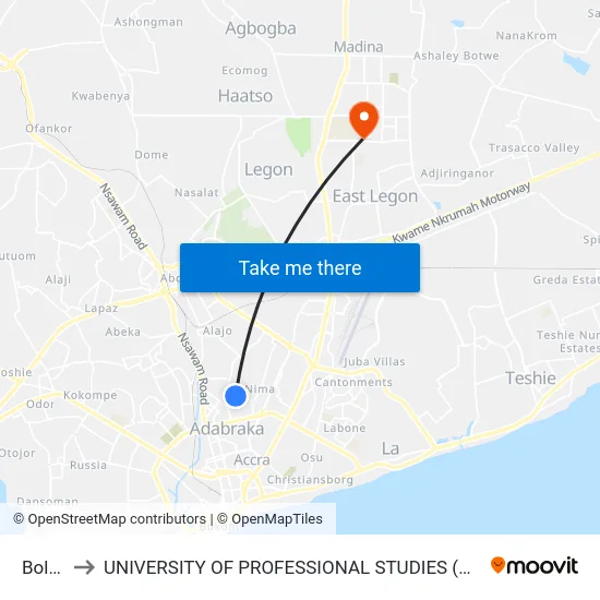 Bolga to UNIVERSITY OF PROFESSIONAL STUDIES (UPSA) map