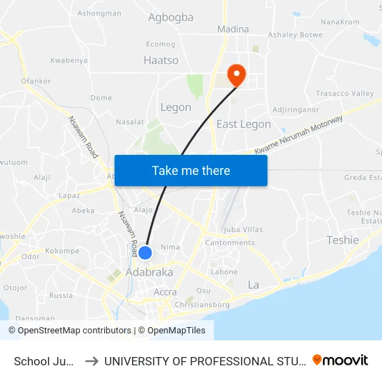 School Junction to UNIVERSITY OF PROFESSIONAL STUDIES (UPSA) map