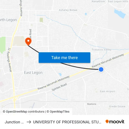 Junction Wise to UNIVERSITY OF PROFESSIONAL STUDIES (UPSA) map