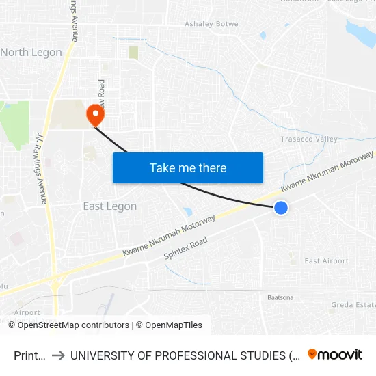 Printex to UNIVERSITY OF PROFESSIONAL STUDIES (UPSA) map