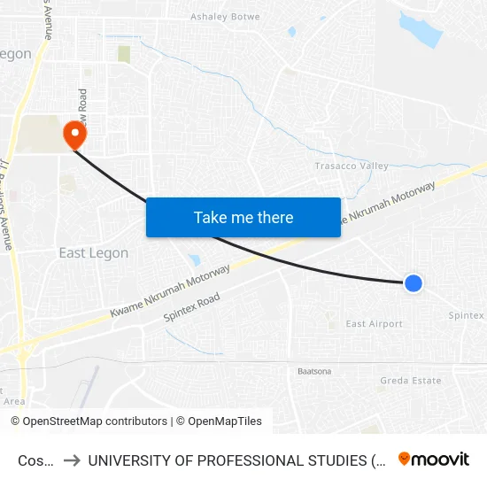 Costal to UNIVERSITY OF PROFESSIONAL STUDIES (UPSA) map