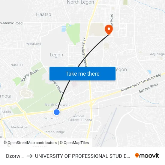 Dzorwolu to UNIVERSITY OF PROFESSIONAL STUDIES (UPSA) map