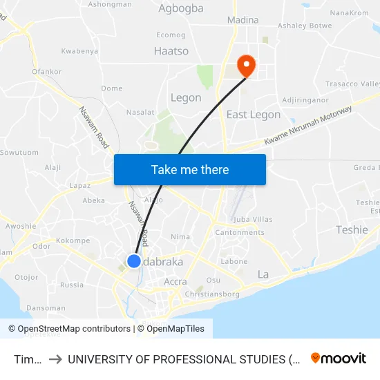 Times to UNIVERSITY OF PROFESSIONAL STUDIES (UPSA) map