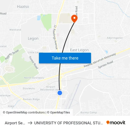 Airport Second to UNIVERSITY OF PROFESSIONAL STUDIES (UPSA) map