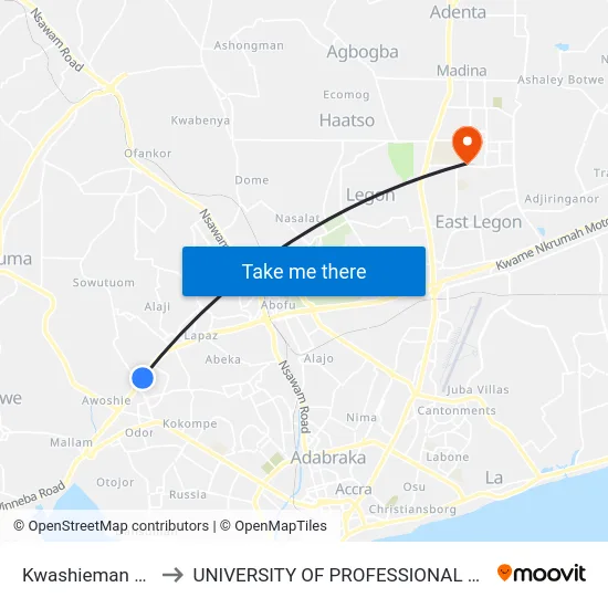 Kwashieman Junction to UNIVERSITY OF PROFESSIONAL STUDIES (UPSA) map