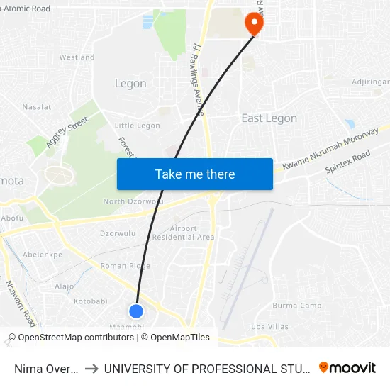 Nima Overhead to UNIVERSITY OF PROFESSIONAL STUDIES (UPSA) map