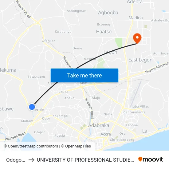 Odogorno to UNIVERSITY OF PROFESSIONAL STUDIES (UPSA) map