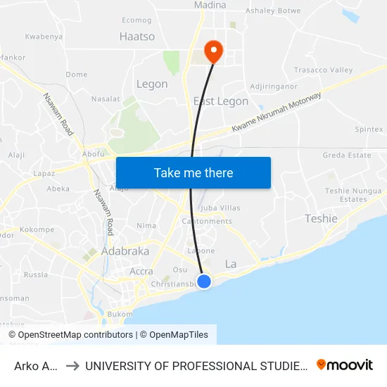 Arko Adjei to UNIVERSITY OF PROFESSIONAL STUDIES (UPSA) map